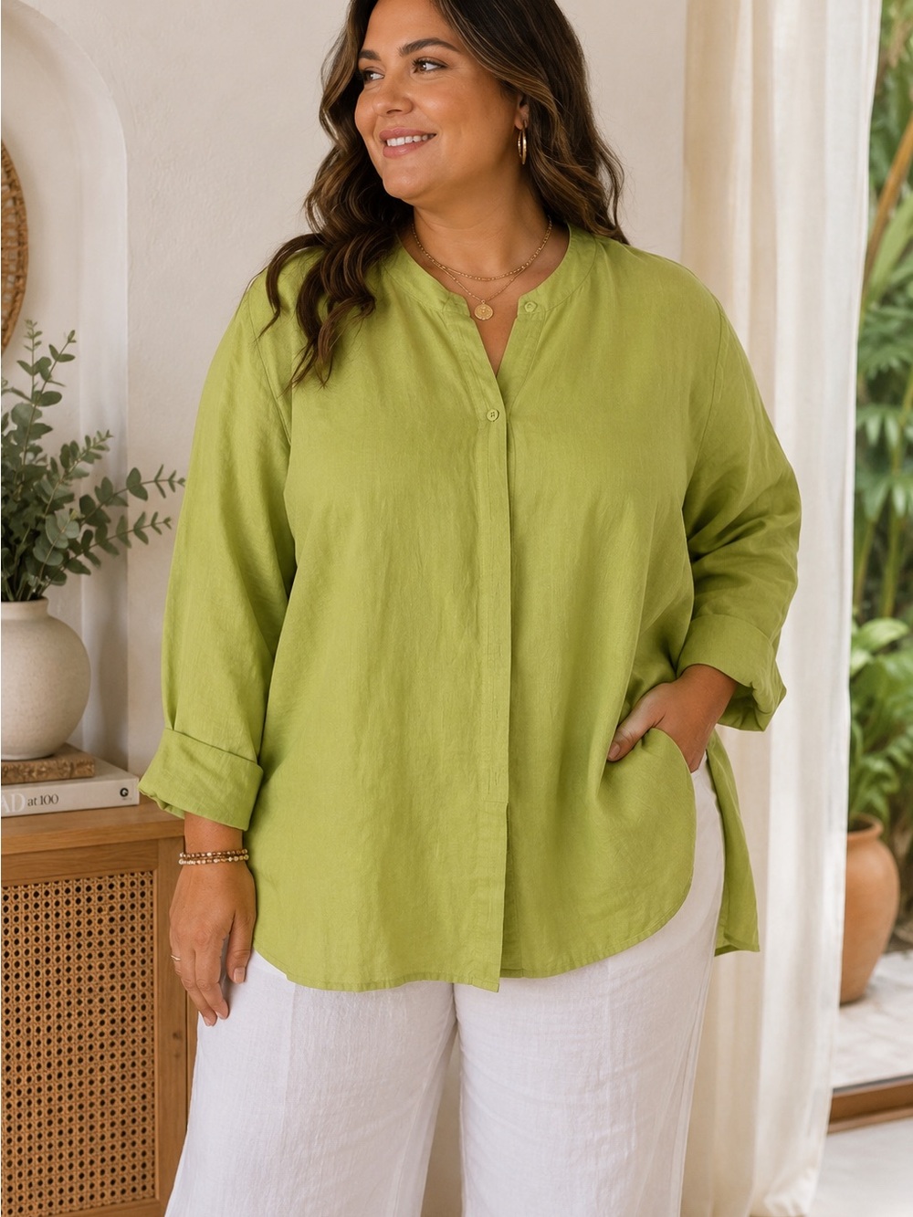 TOTO&KO Lime Green Linen Tunic Top 2XL Collaredless Button Front